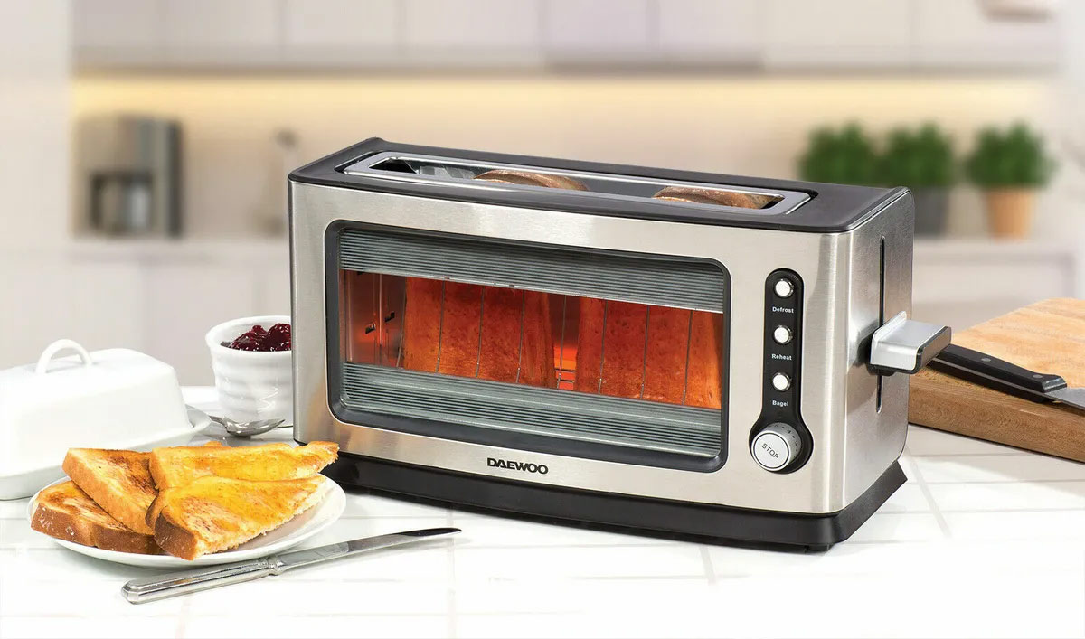 Daewoo 2-Slice Toaster with Glass Front and Wide Slot for Bagels